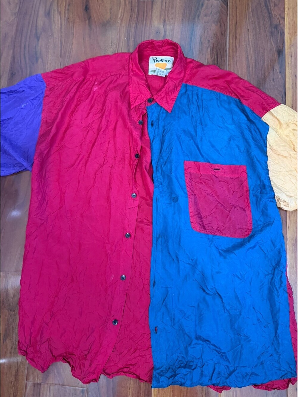 Protest Men's XL Abstract Multicolor Red Blue Silk Short Sleeve Button-Up Collar